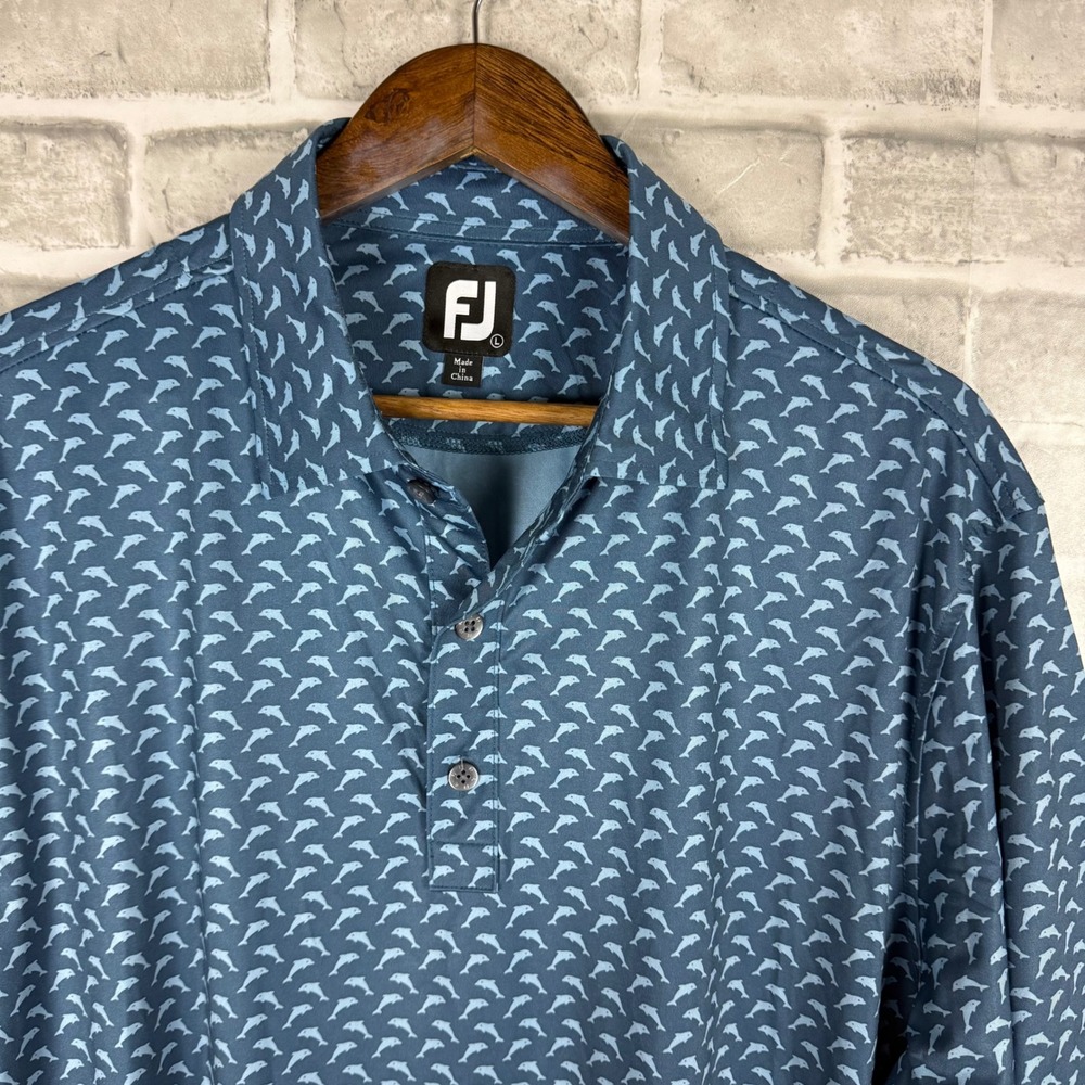 FootJoy Mens Dolphin Print Golf Polo Shirt Blue Short Sleeve Stretch Size Large